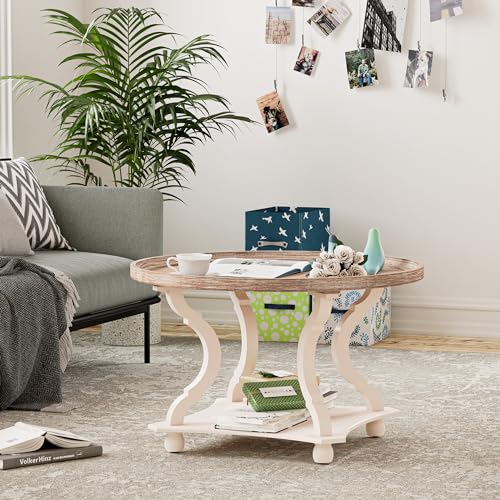 Round Farmhouse Coffee Table, Wood Tray Top, White, Circle