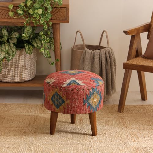 Handmade Kilim Jute Pouf Ottoman Stool | Round Upholstered Seating with Acacia Wood Legs | Decorative Foot Rest for Living Room, Bedroom, Reading Room & Lounge (Red)