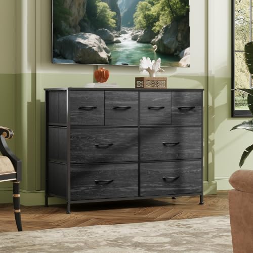 Wide Dresser for Bedroom, 8 Drawer Chest of Drawers, Black Wood Grain, view 4