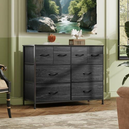Wide Dresser for Bedroom, 8 Drawer Chest of Drawers, Black Wood Grain, view 4