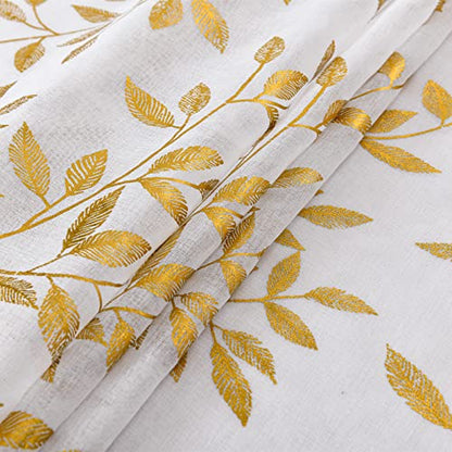 Sheer Curtains 63 Inch Length 2 Panels, Gold Foil Metallic Vine Leaves Print Window Treatments for Kitchen Living Room, Luxury Bronzing Privacy Drapes, Rod Pocket, 52" W x 63" L, White