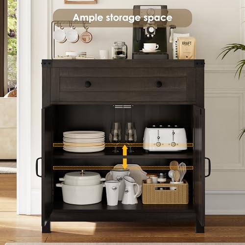 Coffee Bar Cabinet, Kitchen Storage Cabinet, Modern Farmhouse Buffet Sideboard with Drawer and Adjustable Shelf, Barn Door Accent Cabinets for Kitchen, Dining Room, Entryway, Dark Brown