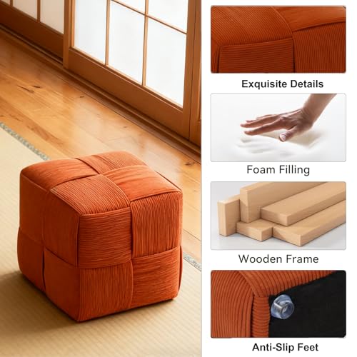 Square Footstool, Modern Upholstered Small Ottoman Cute Make up Stool for Foot Rest with Wood Frame for Living Room Bedroom, Orange Corduroy.
