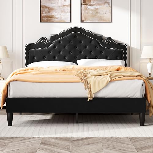 Queen Bed Frame with Adjustable Headboard/Velvet Upholstered/Diamond Button, view 2