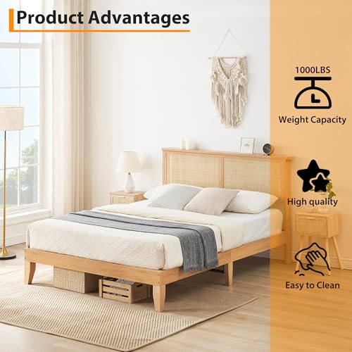 GAOMON Full Size Wood Bed Frame with LED Light and Rattan Headboard, view 5