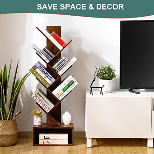 Tree Bookshelf - 6 Shelf Retro Floor Standing Bookcase, Tall Wood Book Storage Rack for CDs/Movies/Books, Utility Book Organizer Shelves for Bedroom, Living Room, Home Office, Rustic Brown