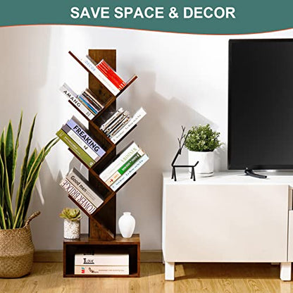 Tree Bookshelf - 6 Shelf Retro Floor Standing Bookcase, Tall Wood Book Storage Rack for CDs/Movies/Books, Utility Book Organizer Shelves for Bedroom, Living Room, Home Office, Rustic Brown