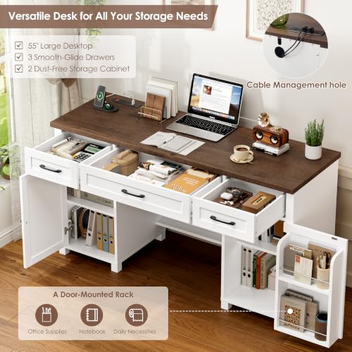 59" White Home Office Desk with Storage, Wood Computer Desk with 3 Drawers, view 5