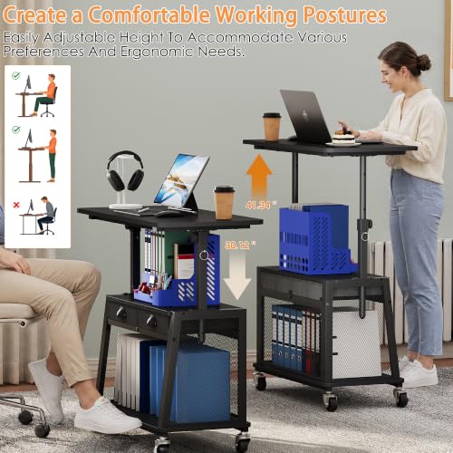 Height Adjustable Standing Desk on Wheels with Drawer, computer desk Black, view 5
