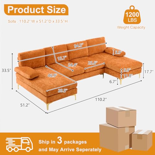 110" Sectional Couches for Living Room,U Shape Couch with Double Chaise, 4-Seat Sofa Set with Chenille Fabric for Home Furniture,Burnt Orange