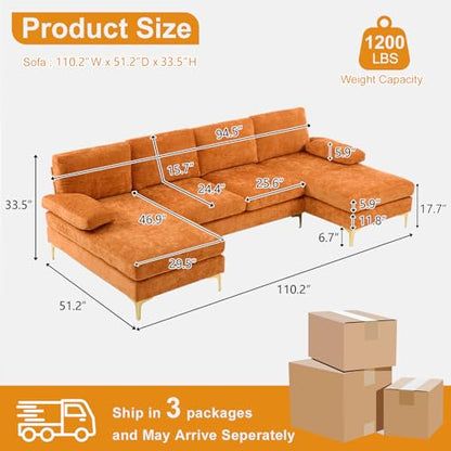 110" Sectional Couches for Living Room,U Shape Couch with Double Chaise, 4-Seat Sofa Set with Chenille Fabric for Home Furniture,Burnt Orange