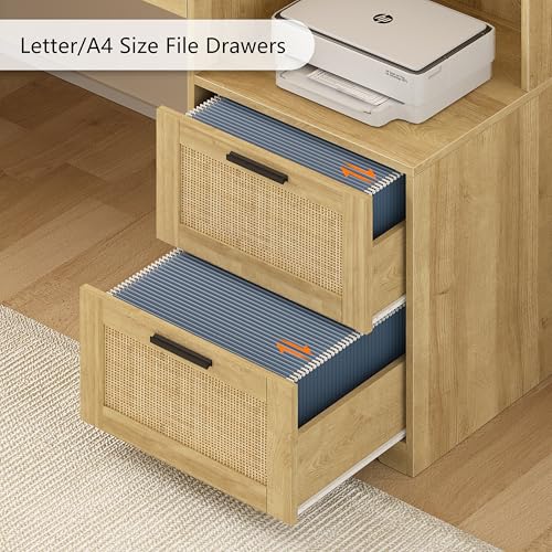 Farmhouse L Shaped Desk with Drawers, 62.2" Home Office Desk with Storage Shelves and Power Outlet, L Shaped Computer Desk with Monitor Stand and Printer Shelf, Oak/Rattan