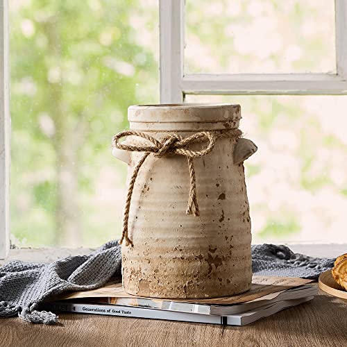 Ceramic Decorative Flower Vase, 8 Inch Rustic Distressed Pottery Decorative Flower Vase for Home Decor, Ideal Shelf, Bookshelf, Mantle, Entryway, Living Room, Table Decor