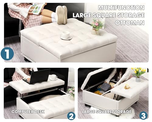 35.5" Large Square Ottoman with Storage, Tufted Upholstered Storage Ottoman with Lift Top & Solid Legs for Bedroom Room, Extra Large Coffee Tables Bench for Living Room as Footstool (Beige)