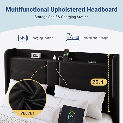 Queen Size Platform Bed Frame with Charging Station & Storage Headboard, view 5