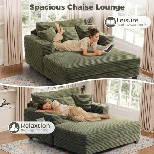 60" Chaise Lounge Chair Indoor, Wood Frame, Green, view 7