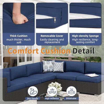 7-Piece Outdoor Patio Furniture Sofa Set Black Rattan Wicker Sectional Conversation Sets with Glass Top Table and Cushions(Dark Blue)