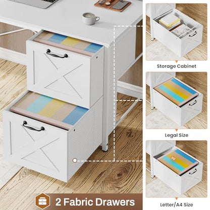 White L Shaped Office Desk, Farmhouse Home Office Desk with Fabric File Drawers and Power Outlet, Corner Gaming Desk with LED Lights, Hutch and Storage Shelves