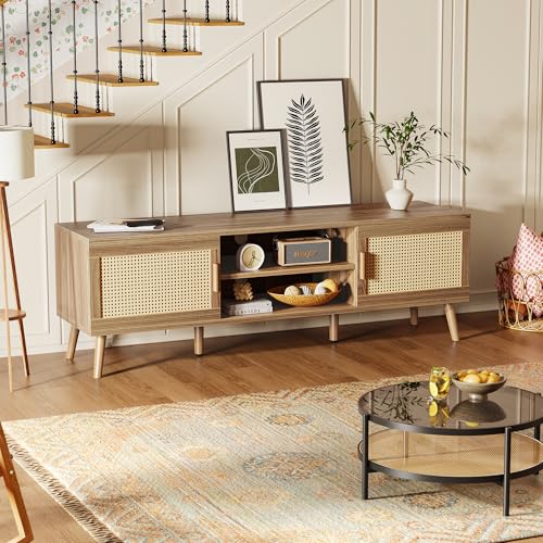 Boho TV Stand for 65 Inch TV, Entertainment Center with Adjustable Shelf, Rattan TV Console with 2 Cabinets, Media Console, Solid Wood Feet, 4 Cord Holes, for Living Room, Walnut