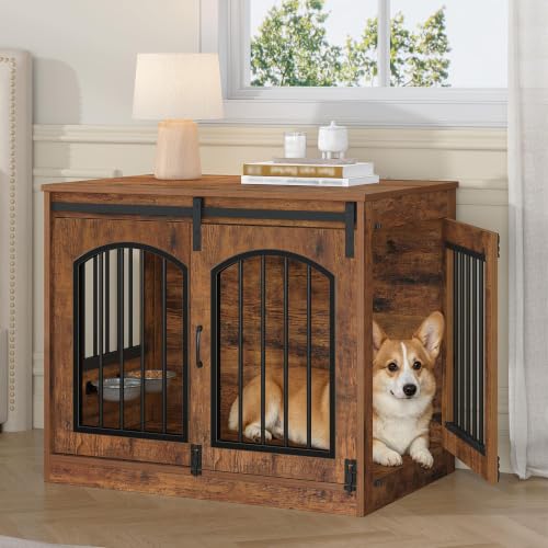 31.5 in Dog Crate Furniture Indoor Dog Kennel with 2 Feeding Bowls, view 2