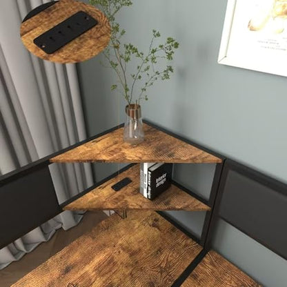 3-Piece Corner Dining Table Set for 4-6, Industrial Kitchen Table and Chair Sets with Storage & Bench, Farmhouse Rectangle Tables & L-shaped Seat for Living Room Breakfast Nook Restaurant, Brown