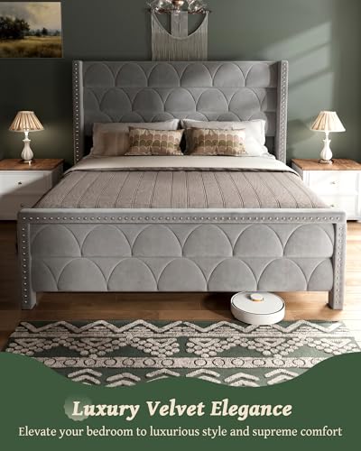 Velvet Wingback Bed Frame with Headboard, Noise-Free and Sturdy Wood Slat, Deep Gray, view 5