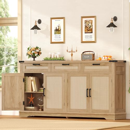 61” Large Buffet Cabinet with Storage, Sideboard Cabinet with 4 Doors and 3 Drawers, Farmhouse Buffet Table, Dining Room Storage Cabinet for Kitchen or Living Room, Natural