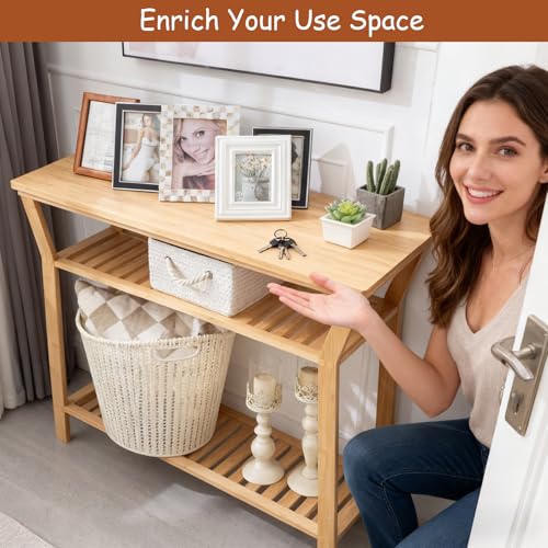 Bamboo Console Table, 38.6" Entryway Table with Storage, Display Table, Narrow Sofa Table for Entryway, Living Room, Foyer