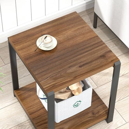 Modern End Table, Square Side Table with Storage Shelf for Living Room, Rustic Wood Night Stand for Bedroom, Walnut