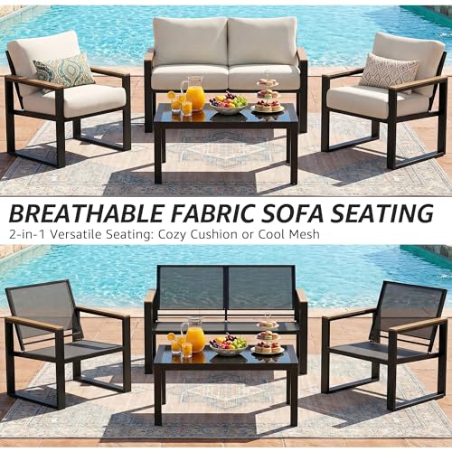 4 Pieces Patio Furniture Sets,Metal Outdoor Patio Furniture Sets,Outdoor Sectional Patio Conversation Set,Wooden Anti-Scald Armrest,Sling Mesh,4" Olefin Cushions