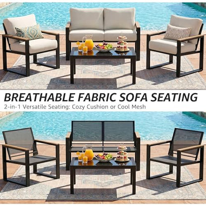 4 Pieces Patio Furniture Sets,Metal Outdoor Patio Furniture Sets,Outdoor Sectional Patio Conversation Set,Wooden Anti-Scald Armrest,Sling Mesh,4" Olefin Cushions