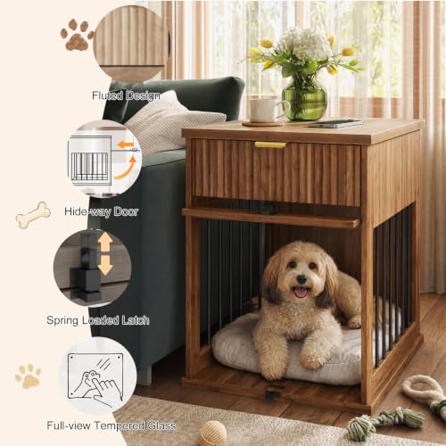 27.6" W Dog Crate Furniture, Wooden Indoor Dog Kennel with Charging Station, view 7