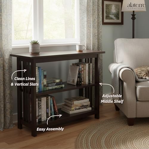 Mission 3-Tier Under Window Bookshelf with Adjustable Middle Shelf and Vertical Slat Side Panels – Space Saving Bookcase for Office, Living Room, or Bedroom (Espresso)