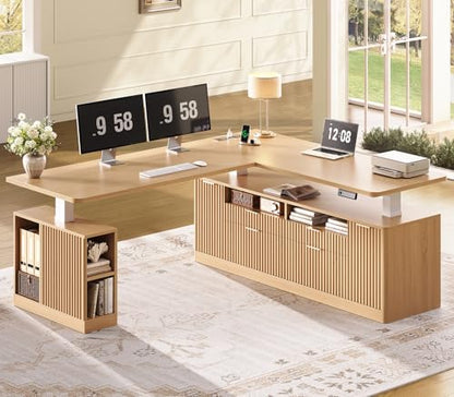 Fluted L Shaped Executive Electric Standing Desk with 4 Drawers, view 2