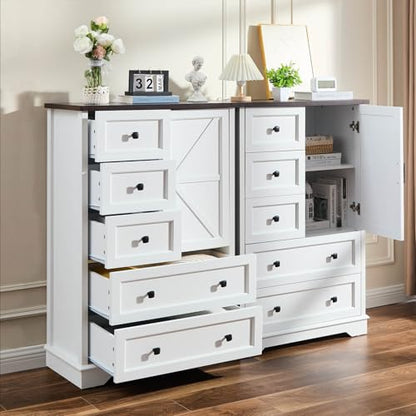 Dresser for Bedroom, Farmhouse Dresser with 5 Wooden Drawers and Storage Cabinet, 48 Inches Tall Chest of Drawers for Bedroom, Living Room, Hallway, White