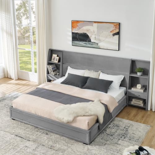 JIVOIT King Storage Platform Bed, Upholstered Headboard, Side Bookcases & Drawer (Gray-King-2)