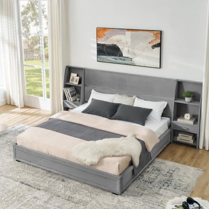 JIVOIT King Storage Platform Bed, Upholstered Headboard, Side Bookcases & Drawer (Gray-King-2)