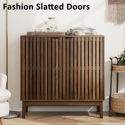 Sideboard Buffet Cabinet with Storage, Freestanding Kitchen Storage Cabinet with 2 Slatted Doors and Adjustable Shelves, Wooden Cupboard for Kitchen, Entryway (Slatted Door Walnut)