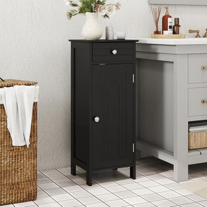 Bathroom Floor Cabinet, Free-Standing Single Door Storage Cabinet with Drawer & 2 Adjustable Shelves, Wooden 14”L Narrow Side Storage Organizer for Small Spaces, Living Room, Kitchen (Black)