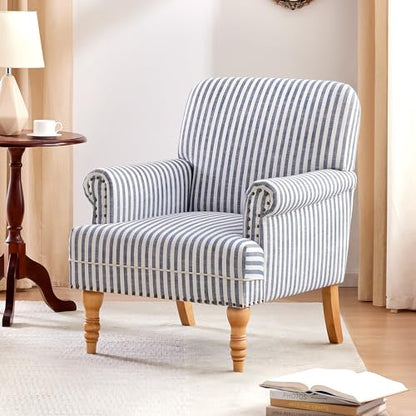 Linen Fabric Accent Chair, Mid-Century Modern Armchair with Solid Wood Legs, Single Sofa Chair,Upholstered Reading Club Chair (1, Dark Blue and White Stripe)
