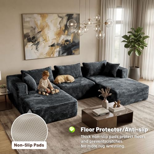 110 Modular Sectional Boneless Sofa with 2 Ottomans, Corduroy U-Shaped Modular Sectional Sofa, Convertible Cloud Couch with Deep Seats, No Assembly Required (Grey, 110" 3Seat+2 0ttoman)
