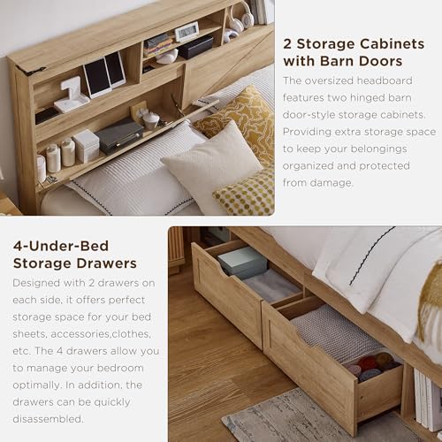 Farmhouse Full Size Bed Frame with 52" Storage Bookcase Headboard and 4 Drawers, view 7