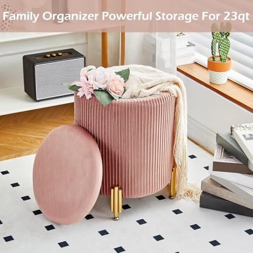Round Ottoman Foot Stool with Storage and Metal Legs for Living Room Bedroom, Velvet Upholstered Footrest Stool Support 300lbs Modern Padded Seat Ottoman Coffee Table (Dusty Rose)