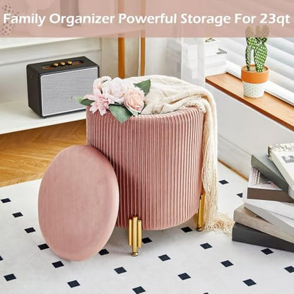 Round Ottoman Foot Stool with Storage and Metal Legs for Living Room Bedroom, Velvet Upholstered Footrest Stool Support 300lbs Modern Padded Seat Ottoman Coffee Table (Dusty Rose)