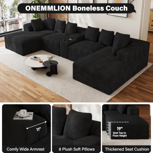 143" Oversized U Shaped Cloud Sectional Couches for Living Room, Comfy Fluffy Corduroy Black Boneless Couch, Large Modular Sectional Sofa Set with Chaise, Cup Holder, USB Port, Storage Console