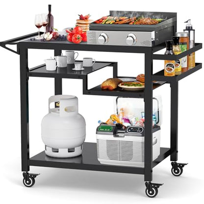 20"x 32" Three-Shelf Movable Outdoor Dining Cart Table, Multifunctional Food Prep Stand, Outdoor Grill Table with Wheels