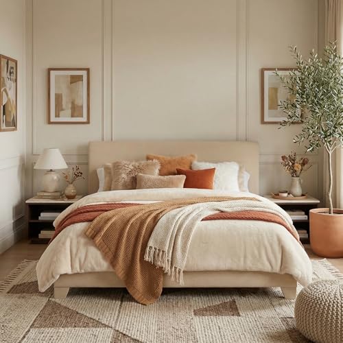 Linen Upholstered Queen Size Bed Frame with Headboard, Beige, view 2