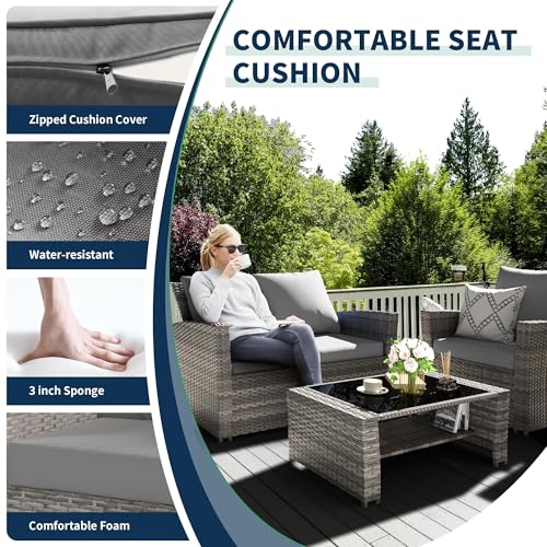 4-Piece Grey Waterproof PE Wicker Outdoor Sectional Sofa Set with Grey Cushions,All-Weather Patio Furniture for Balcony, Porch, Garden - UV-Resistant & Space-Saving Design