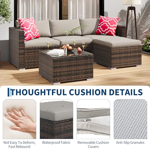 5-Piece Outdoor Sectional Sofa Set, All-Weather PE Rattan Patio Furniture with Ottoman & Tempered Glass Table, Convertible Garden Couch for Backyard, Porch, Poolside (Brown/Light Gray)