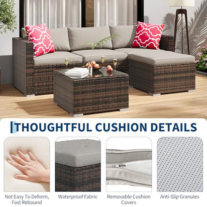 5-Piece Outdoor Sectional Sofa Set, All-Weather PE Rattan Patio Furniture with Ottoman & Tempered Glass Table, Convertible Garden Couch for Backyard, Porch, Poolside (Brown/Light Gray)